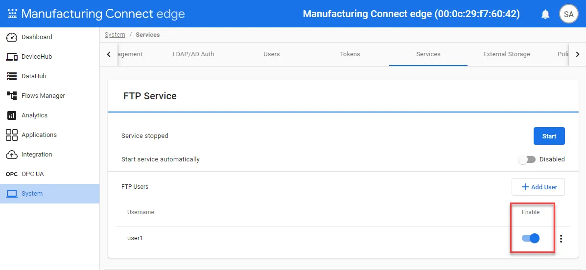 The Enable toggle for FTP Users