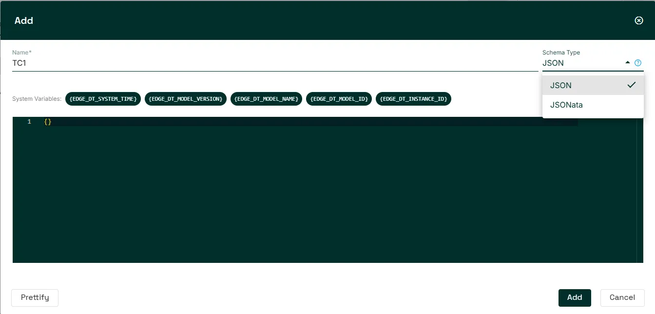 New schema dialog with the Name field and Schema Type list