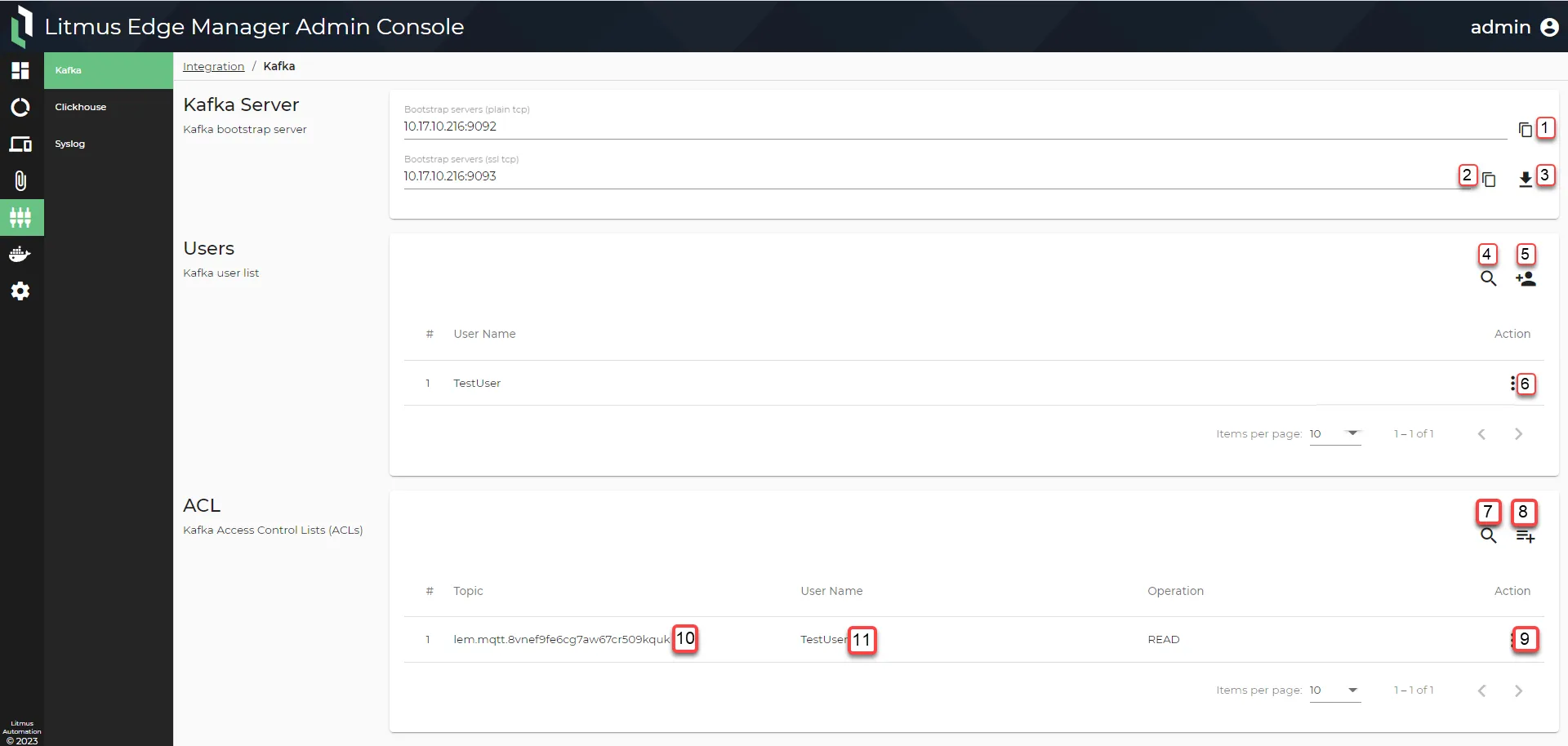 Litmus Edge Manager Admin Console: Kafka