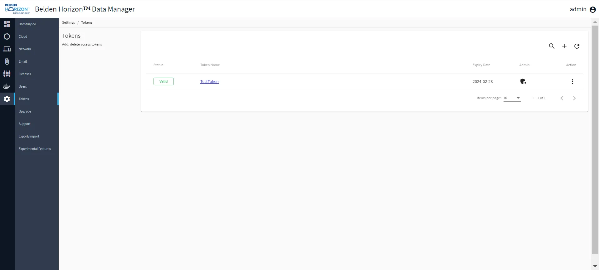 Belden Horizon Data Manager Admin Console: Tokens