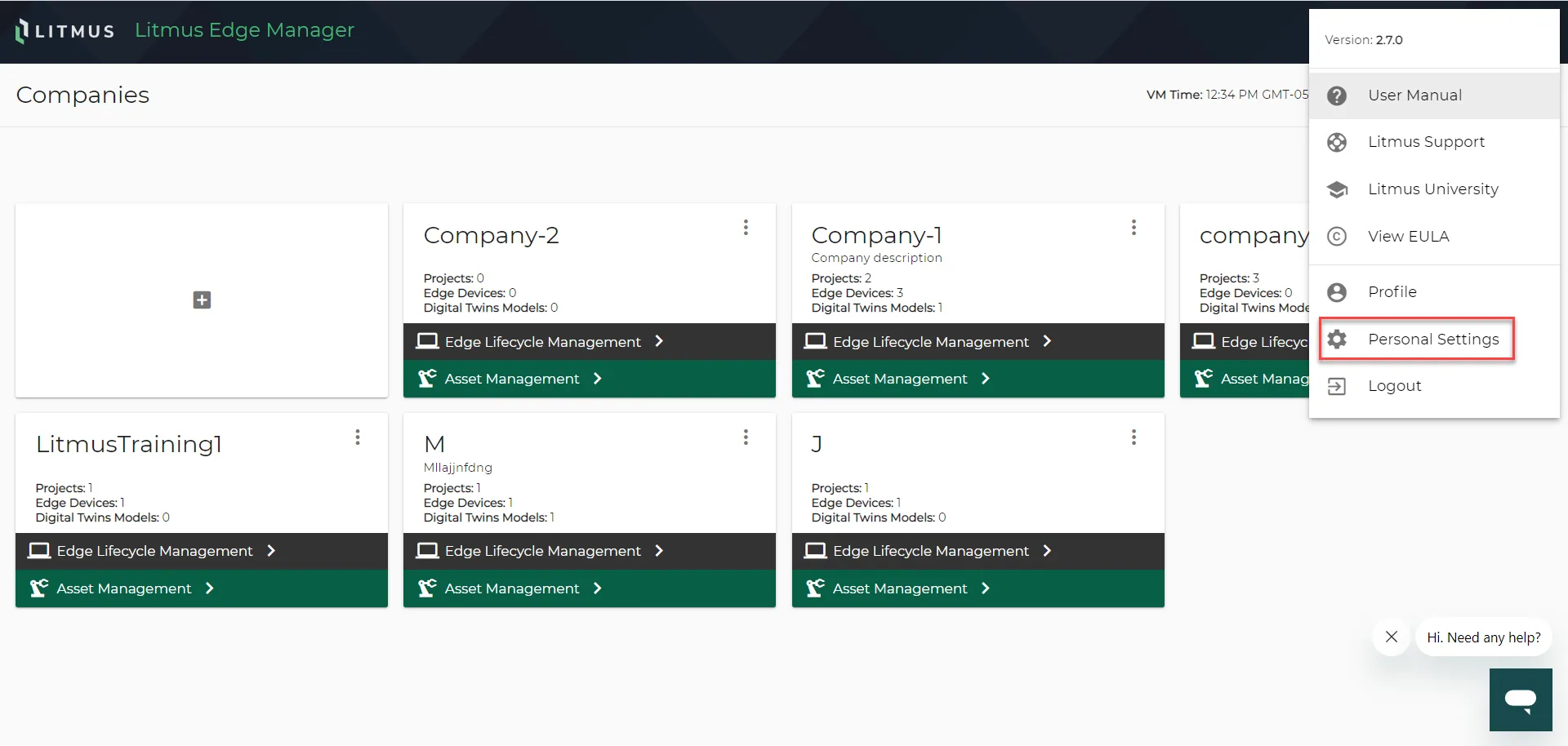 Litmus Edge Manager User Interface : Access Personal Settings 2/2
