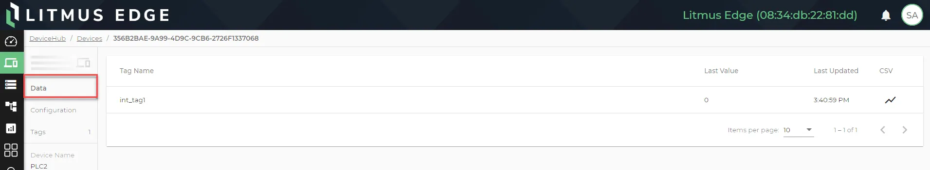 Data tab on DeviceHub device