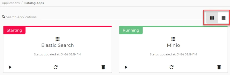 Icons to change application view Icons to change application view