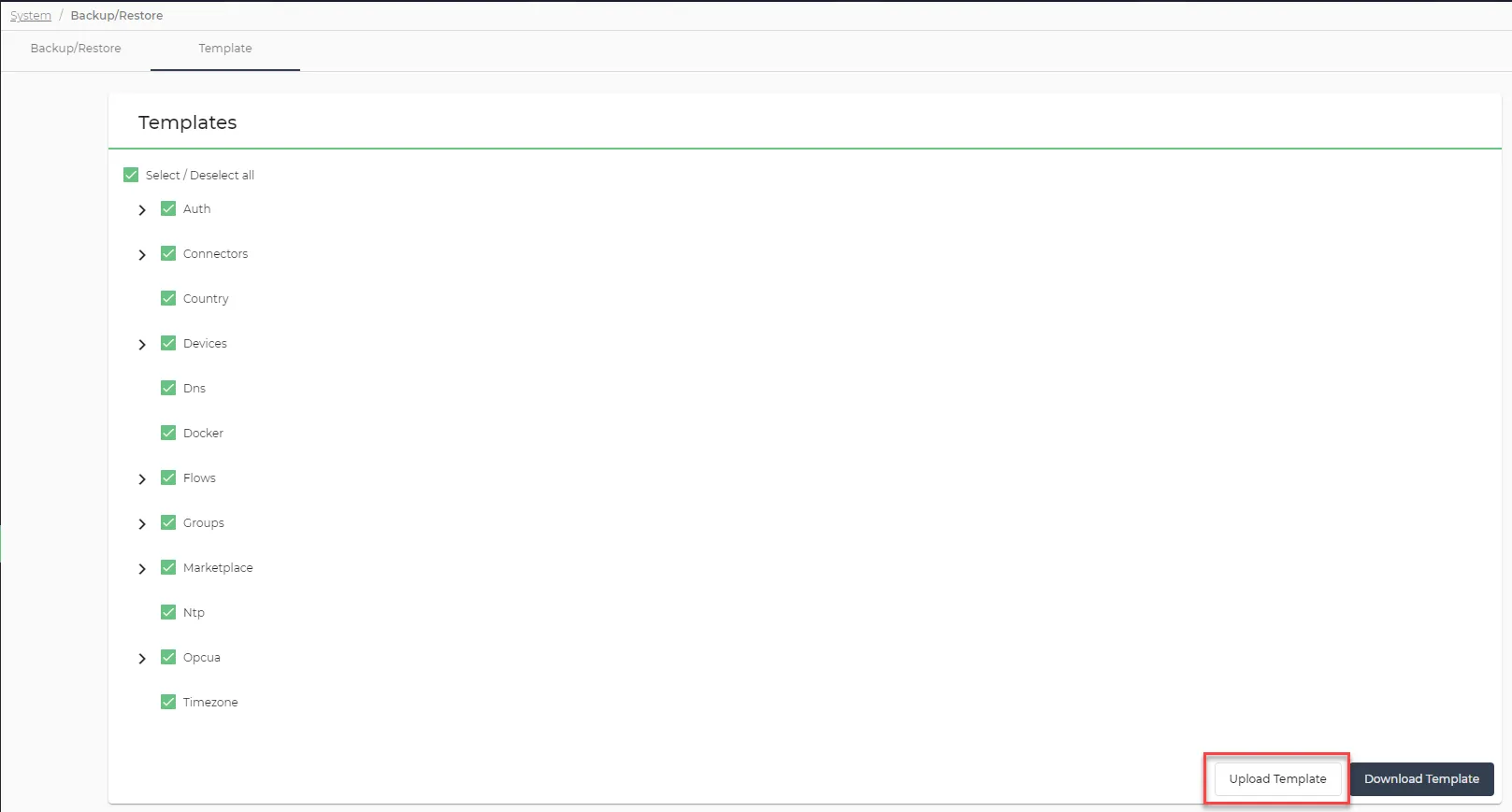 Upload Template button Upload Template button