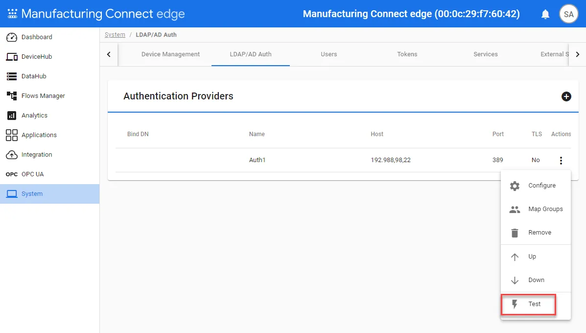 Test Authentication Provider option