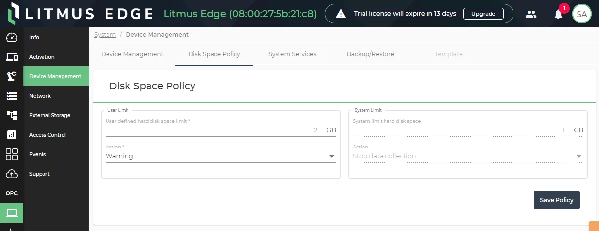 The Disk Space Policy section