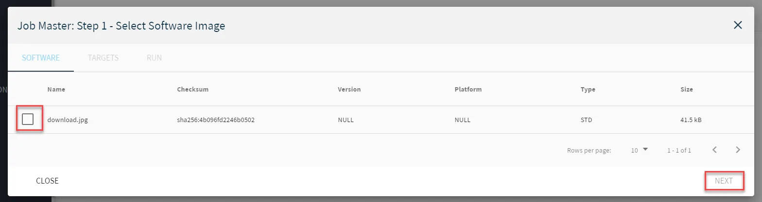 Software Update Job UI : Step 2 Select Software