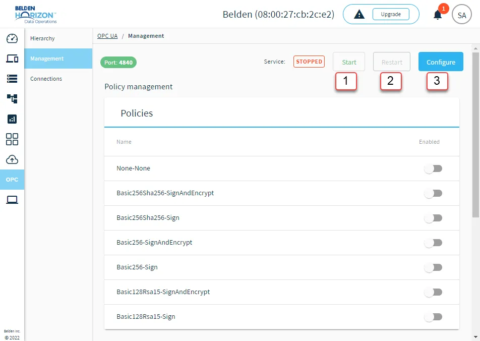OPC UA Server management options