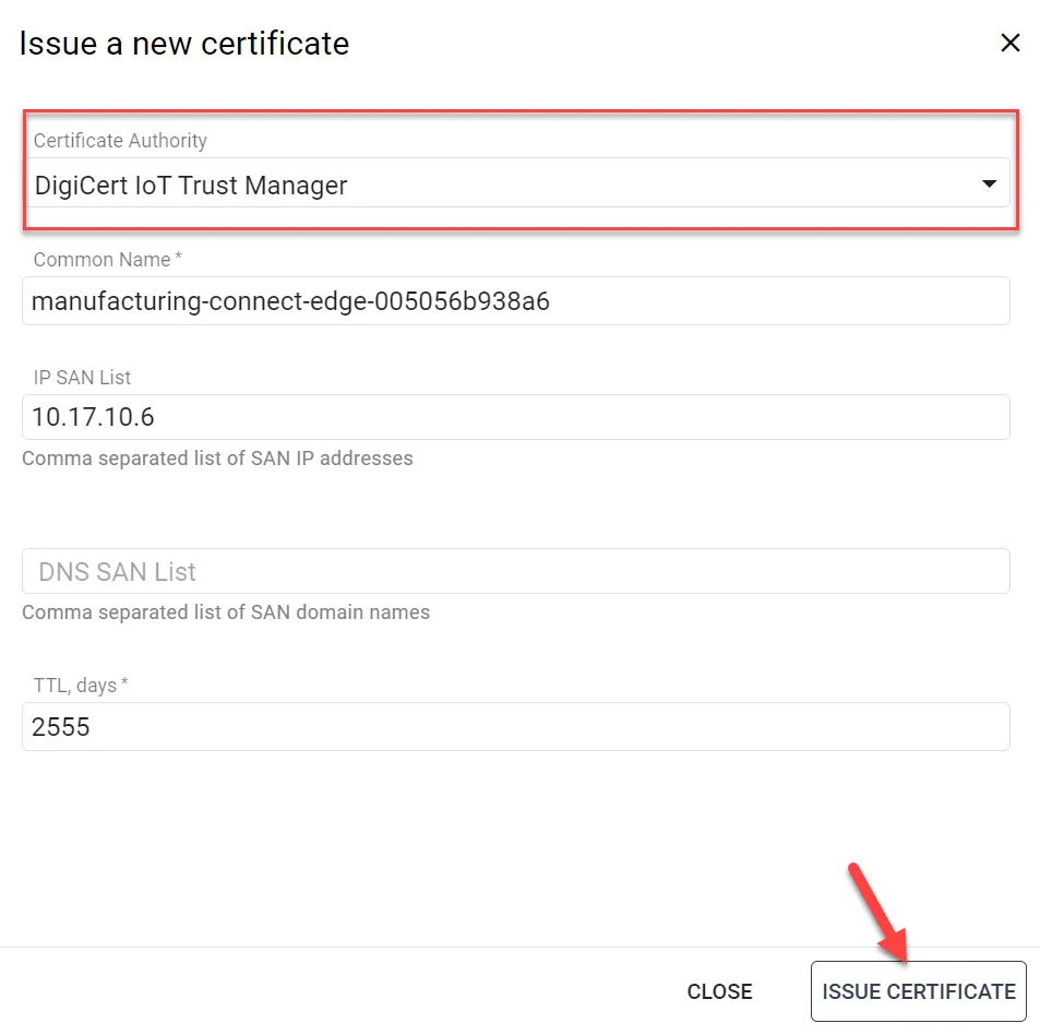 Issue a new certificate dialog box Issue a new certificate dialog box