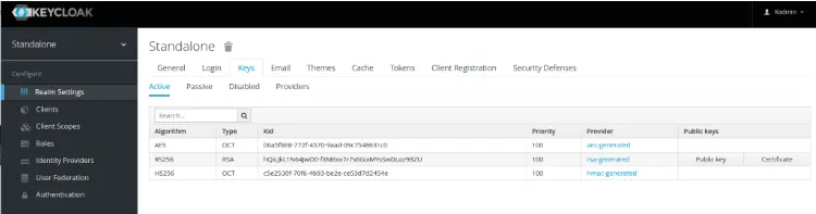 Keycloak interface Keys tab