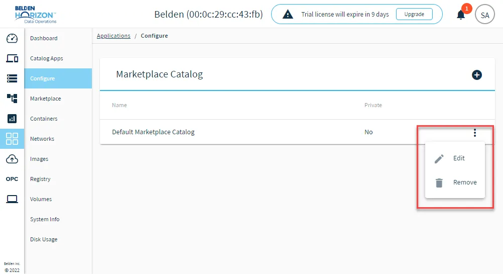 The action menu for a Marketplace