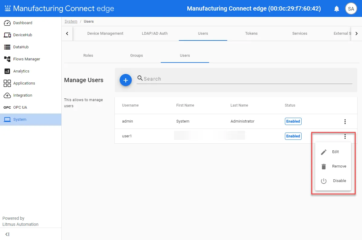 User action menu User action menu
