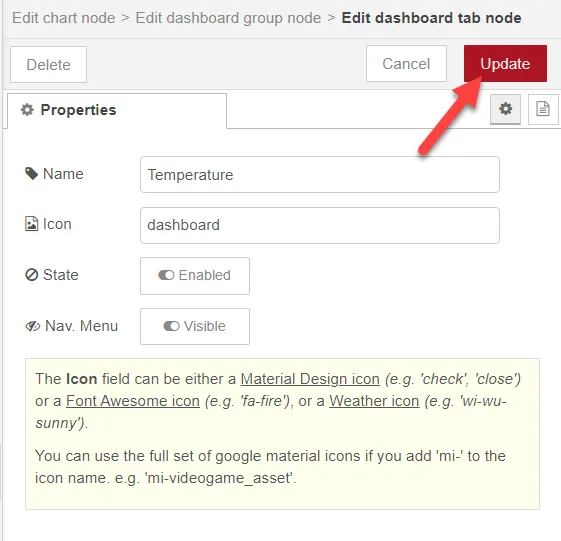 Edit dashboard tab node dialog box