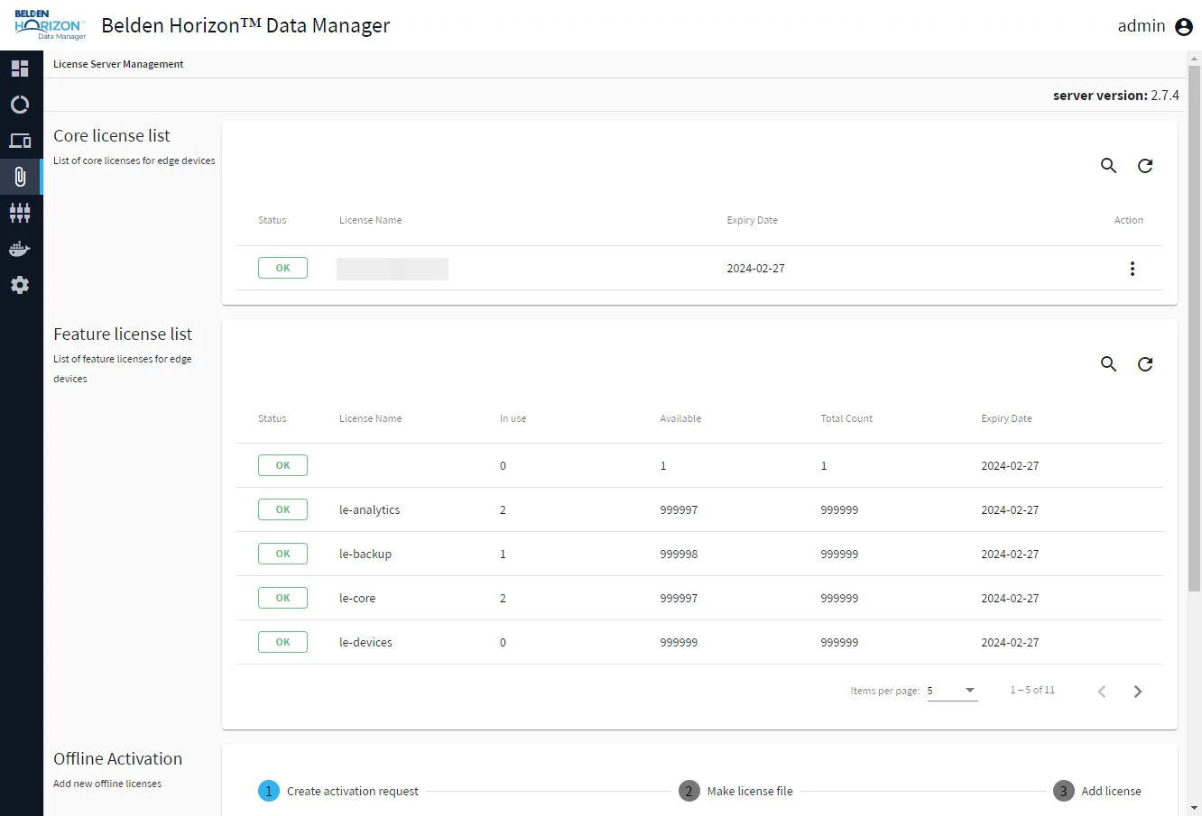 License Server Management page