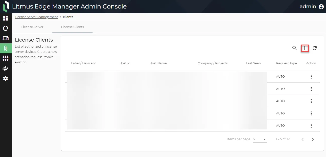 The Add icon for a license server device