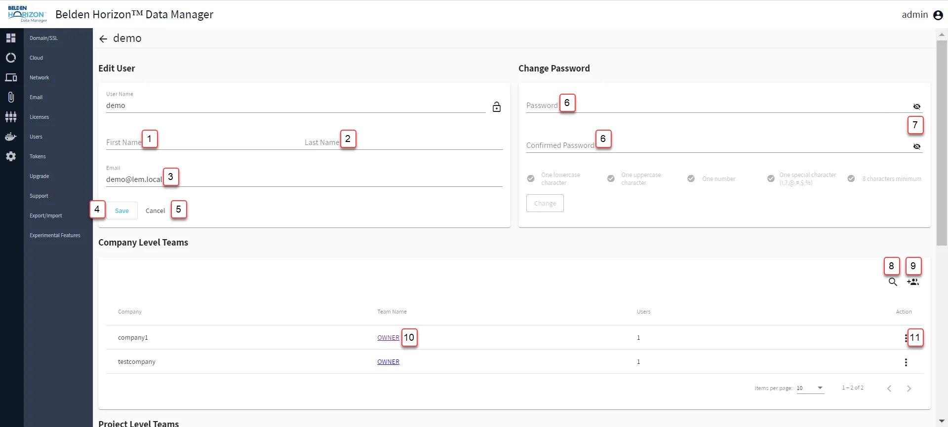 Belden Horizon Data Manager Admin Console : Users : Modify User Profile 1/2