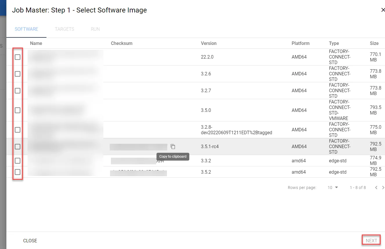 Software Update Job UI : Step 2 Select Software