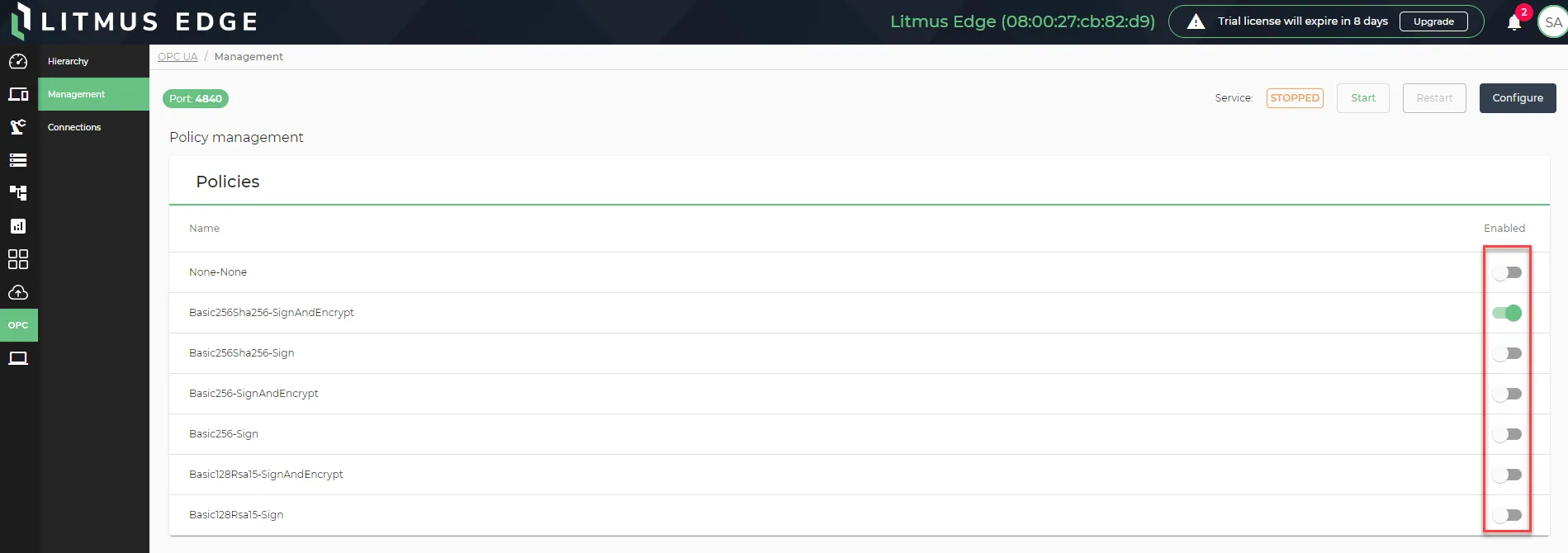 Toggle for OPC UA policies 