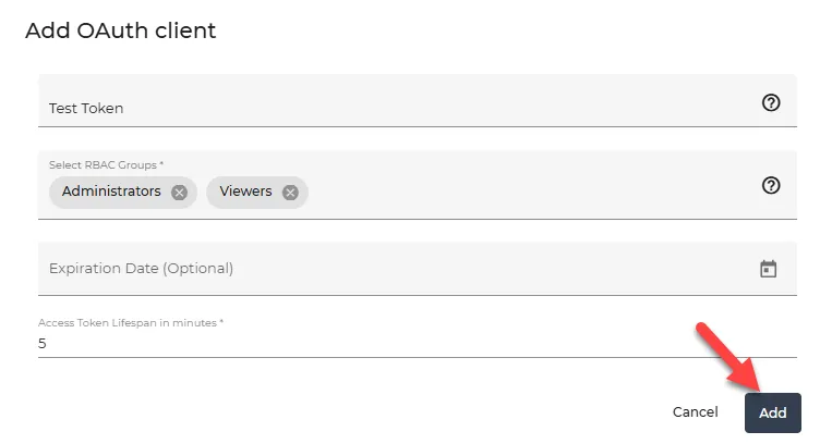 Add OAuth client dialog box Add OAuth client dialog box