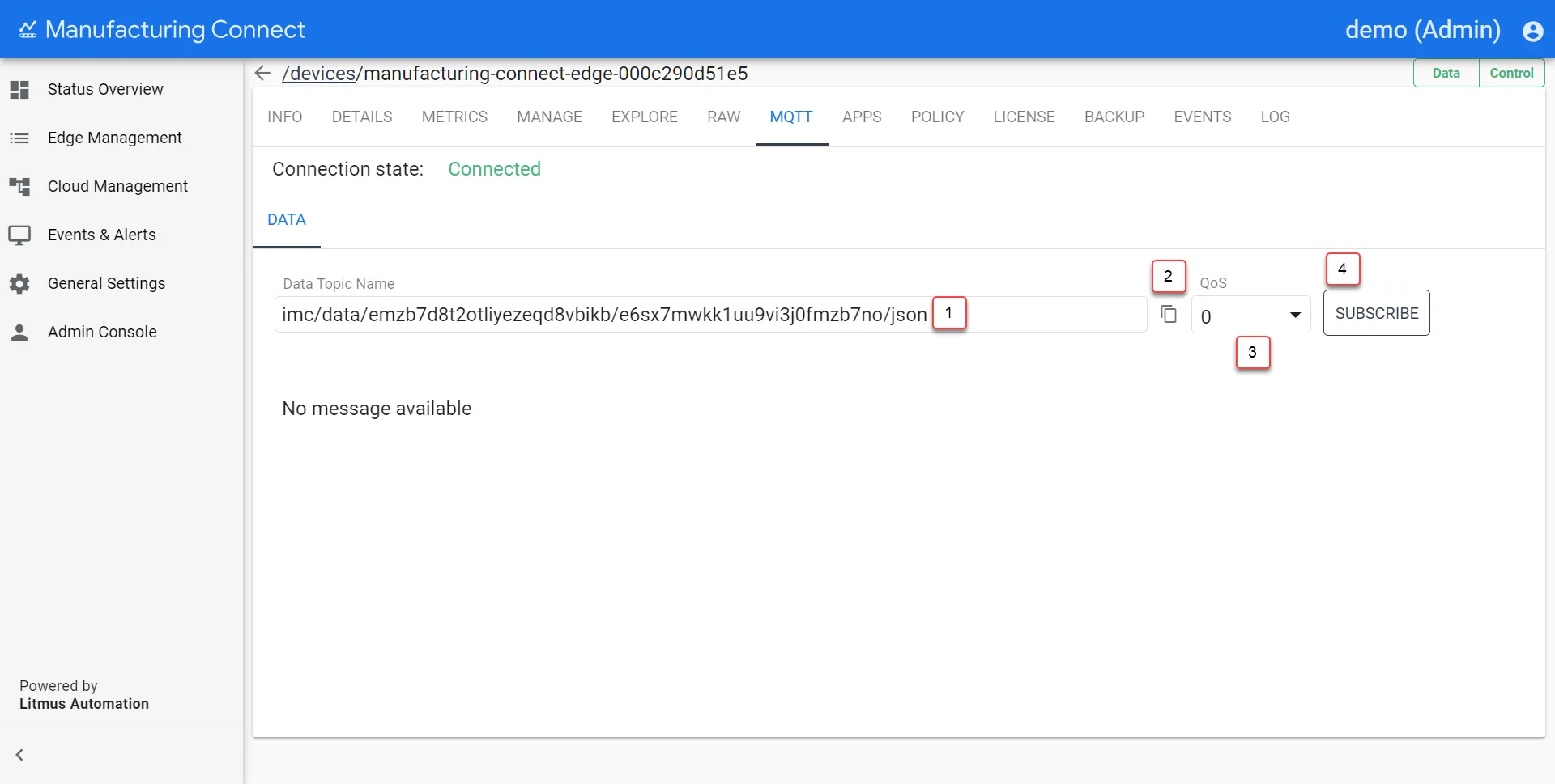 Manufacturing Connect User UI : Edge Device Details : MQTT tab