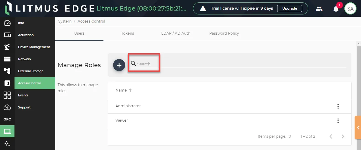 The search bar for existing roles