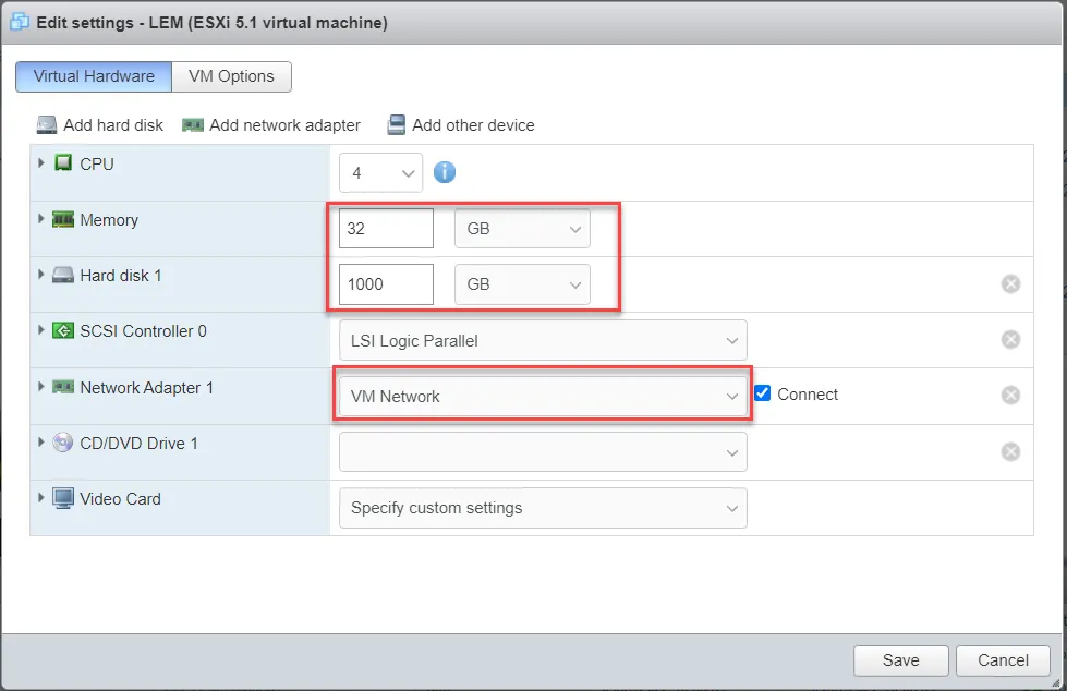 Customizing LEM memory/hard disk/network adapter