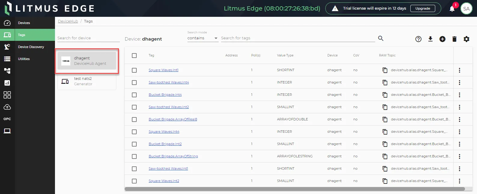 Select the DeviceHub Agent device