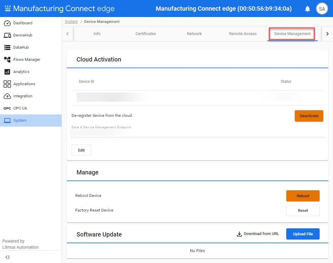 Device Management pane Device Management pane