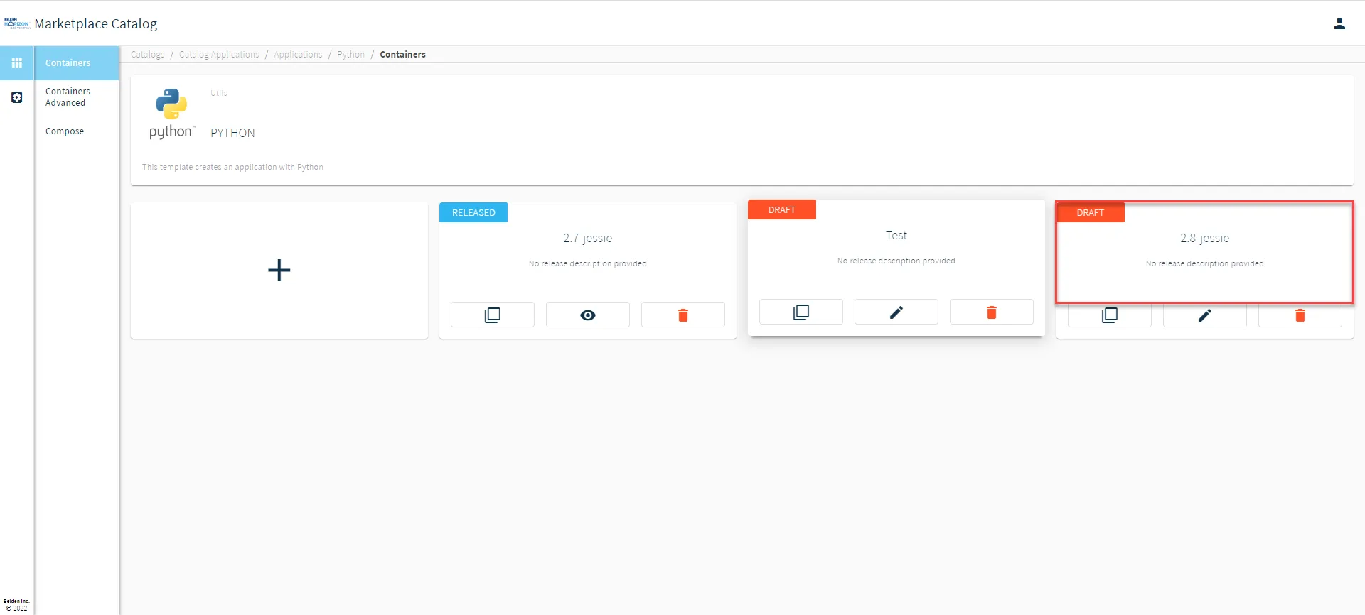Newly created application release tile [2.8-jessie is example]