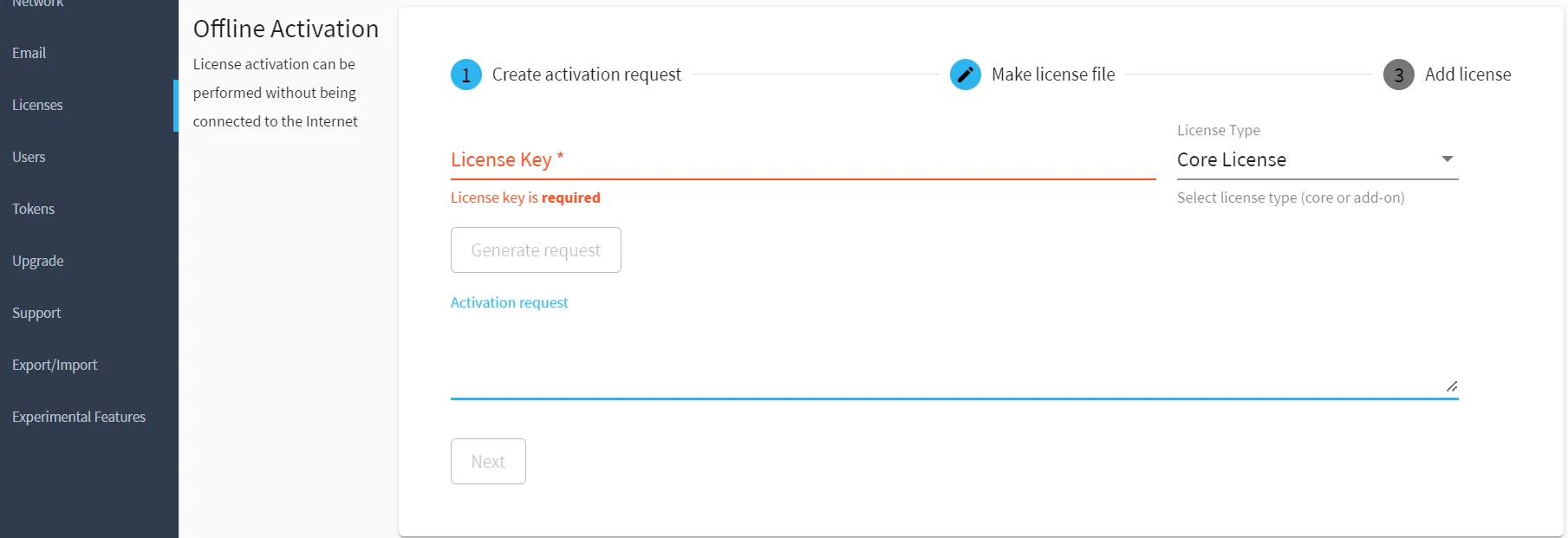 Belden Horizon Data Manager Admin Console : Licenses : Offline Activation Step 1 Belden Horizon Data Manager Admin Console : Licenses : Offline Activation Step 1