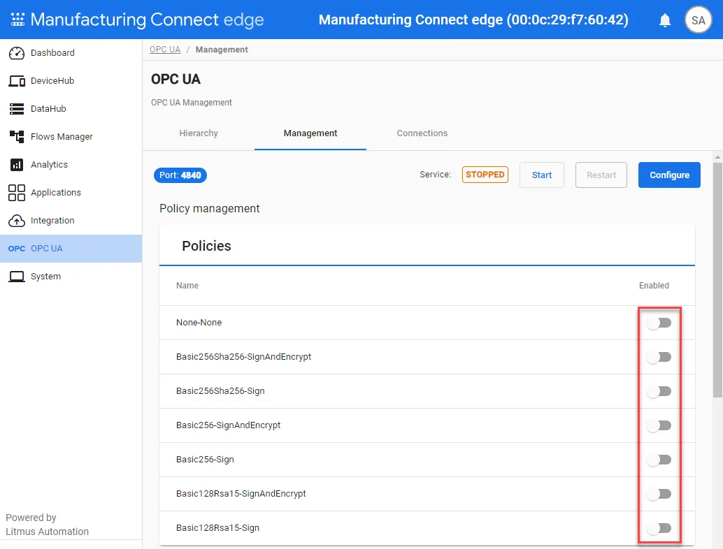 OPC UA  policy toggles