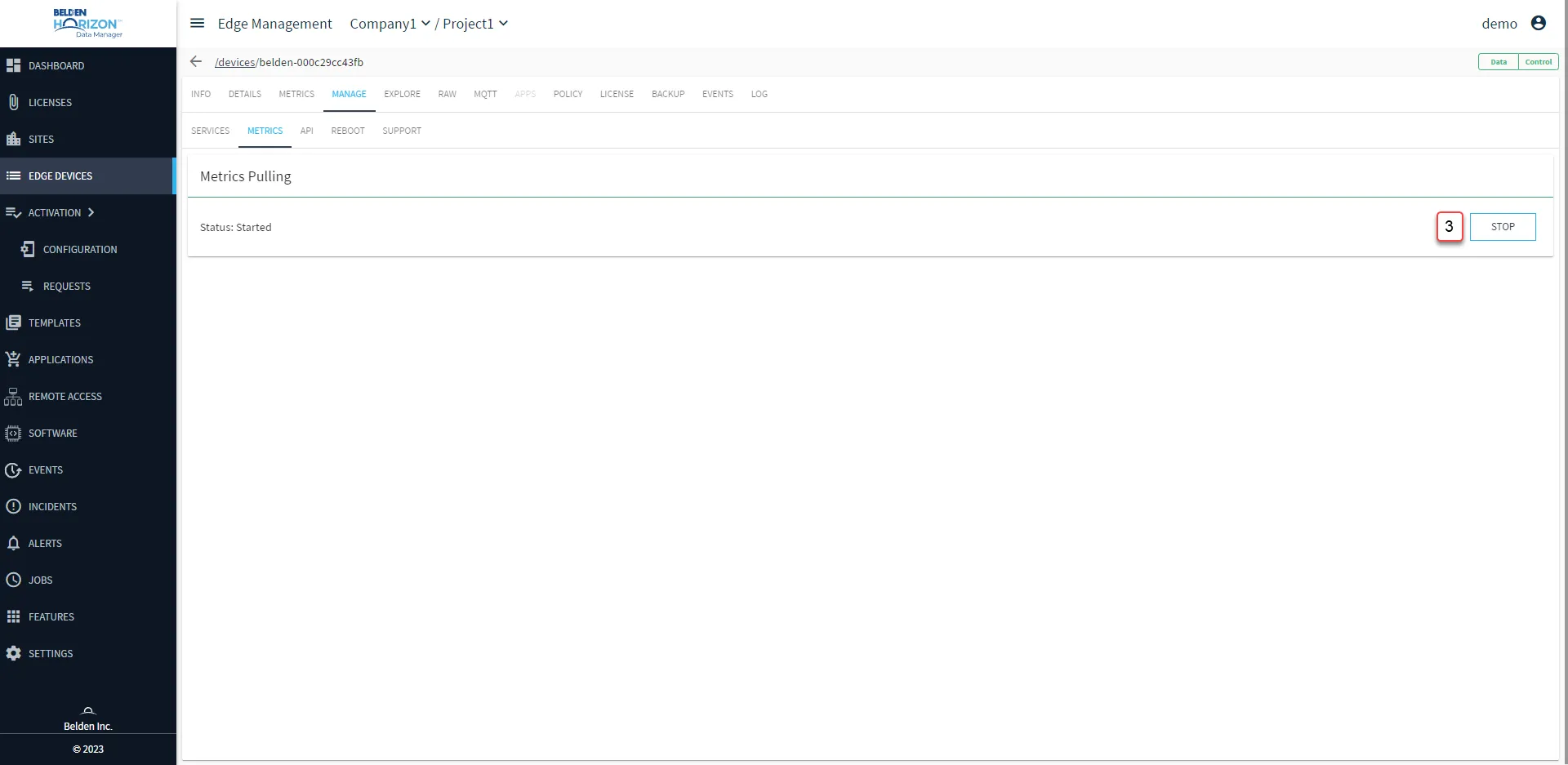 Belden Horizon Data Manager User UI : Edge Device Details : Manage tab : API sub-tab