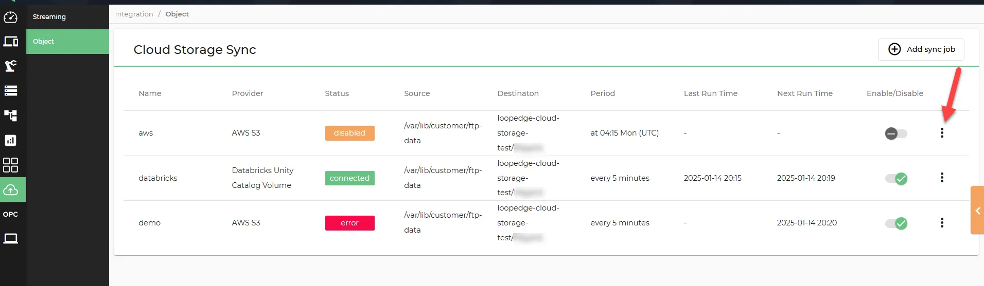 Sync job action menu