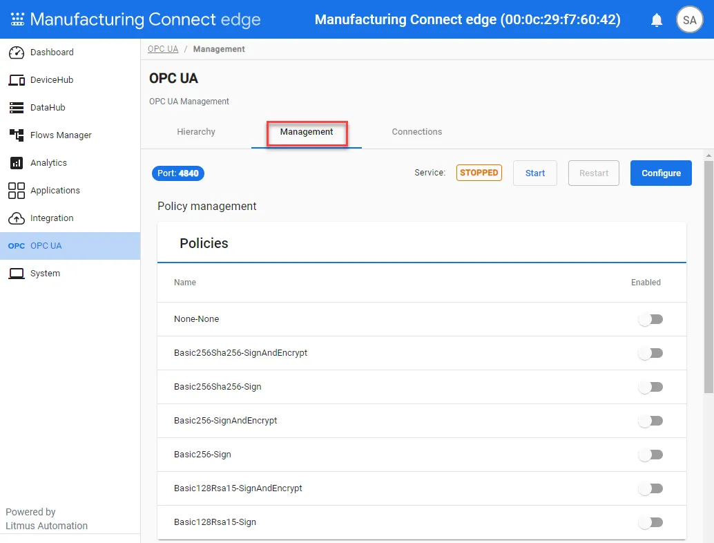 OPC UA Management pane OPC UA Management pane