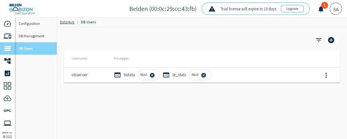 DataHub DB Users pane DataHub DB Users pane