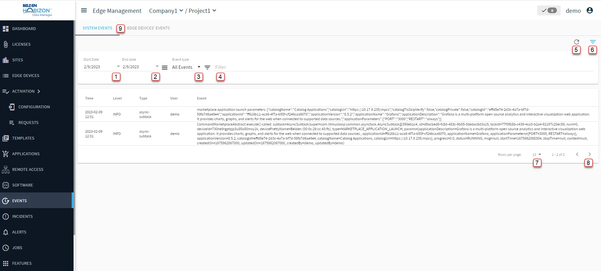 Belden Horizon Data Manager User UI : Events [Project View] : System Events tab