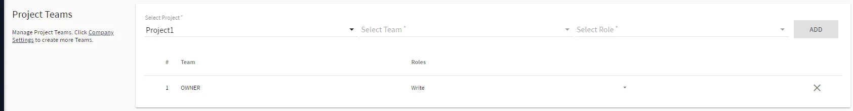 Belden Horizon Data Manager User UI : Company List View : Settings : Projects tab : Project Teams Belden Horizon Data Manager User UI : Company List View : Settings : Projects tab : Project Teams