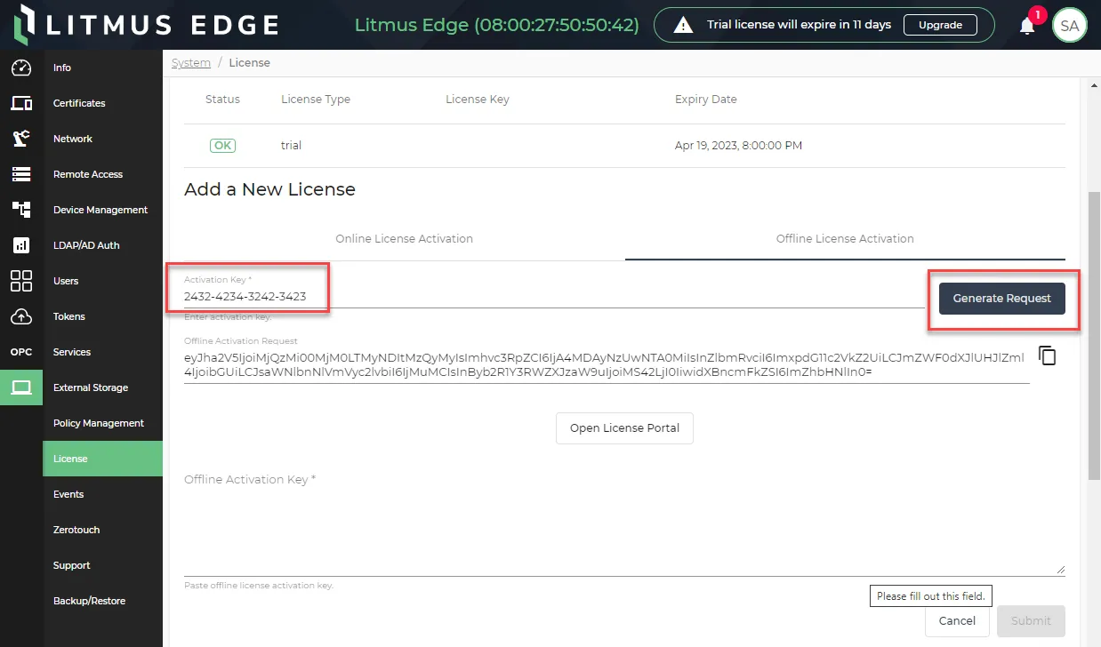 The Activation Key and Offline Activation Request fields