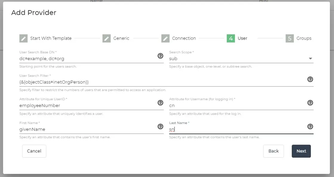 Add Provider dialog box - User tab Add Provider dialog box - User tab