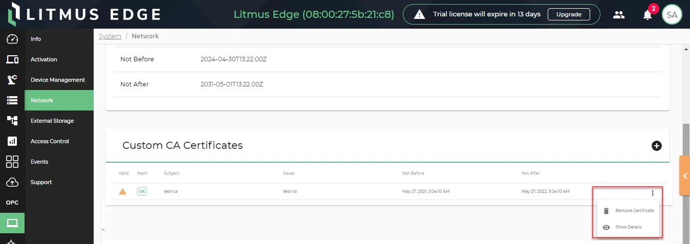 Action menu for a custom certificate Action menu for a custom certificate