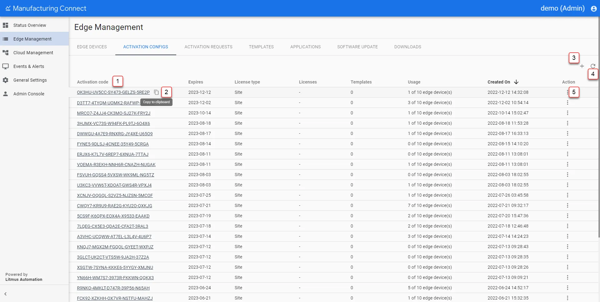 Manufacturing Connect User UI : Activation Configs