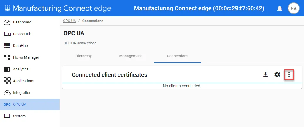 OPC UA Certificate action menu