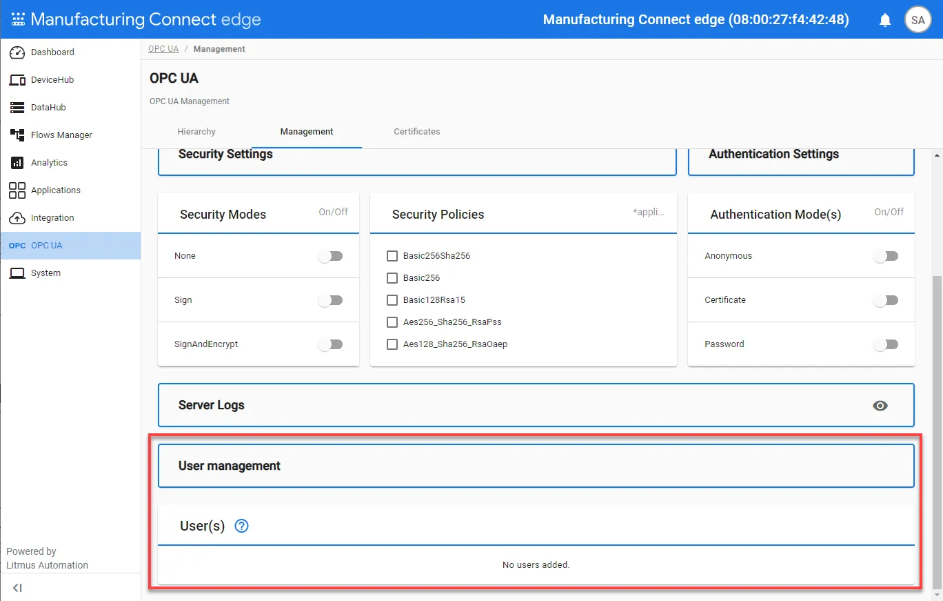 User management pane