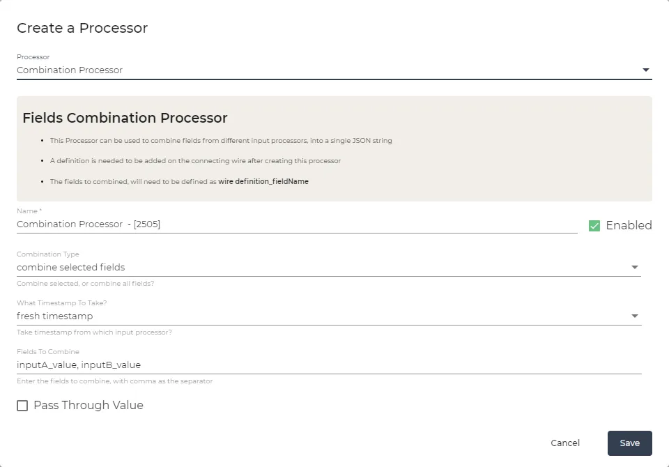 Combination Processor parameters Combination Processor parameters