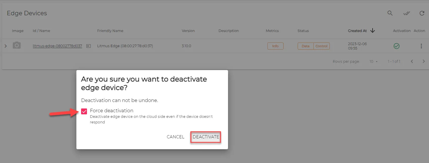 Edge device deactivation confirmation dialog box