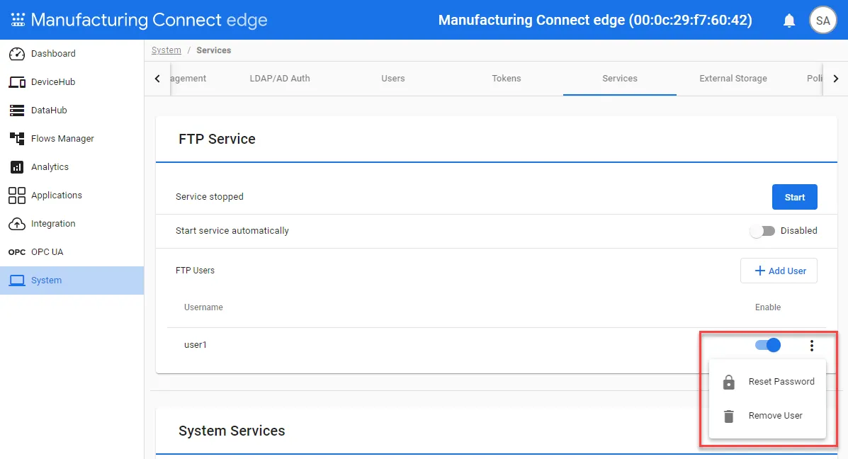 Action menu for FTP users
