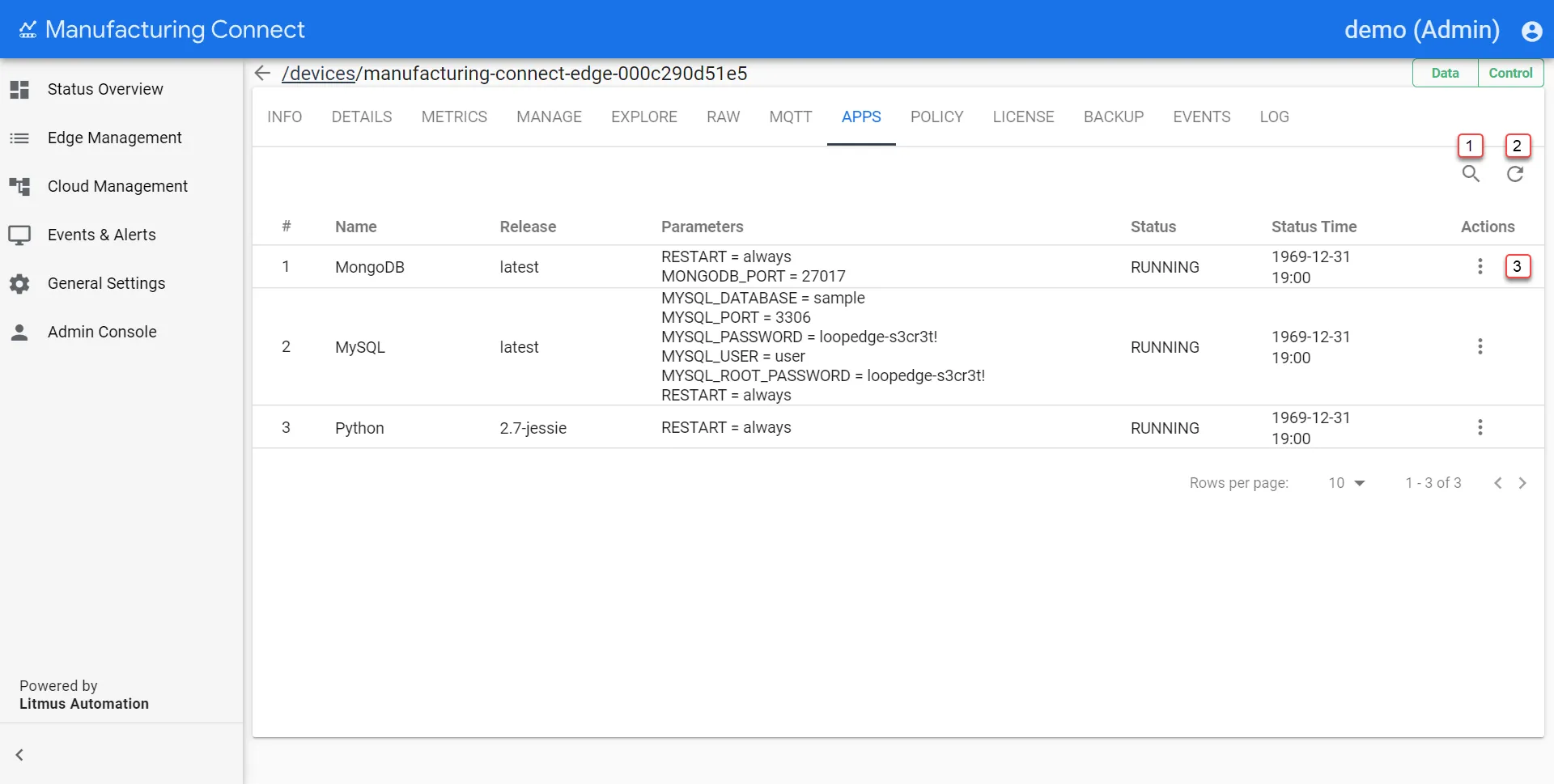 Manufacturing Connect User UI : Edge Device Details : Apps tab