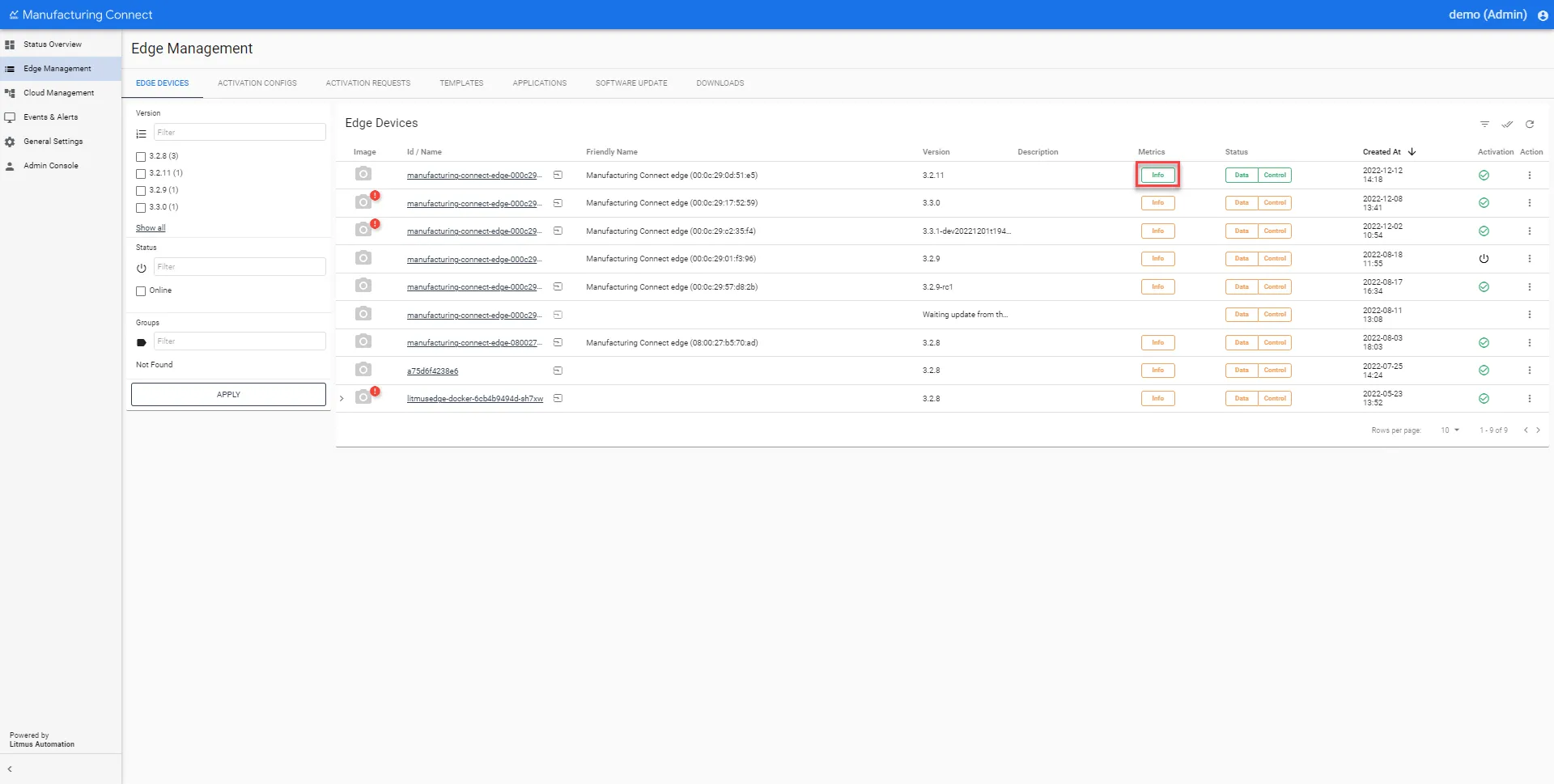 Manufacturing Connect User UI : Edge Devices : View Metrics
