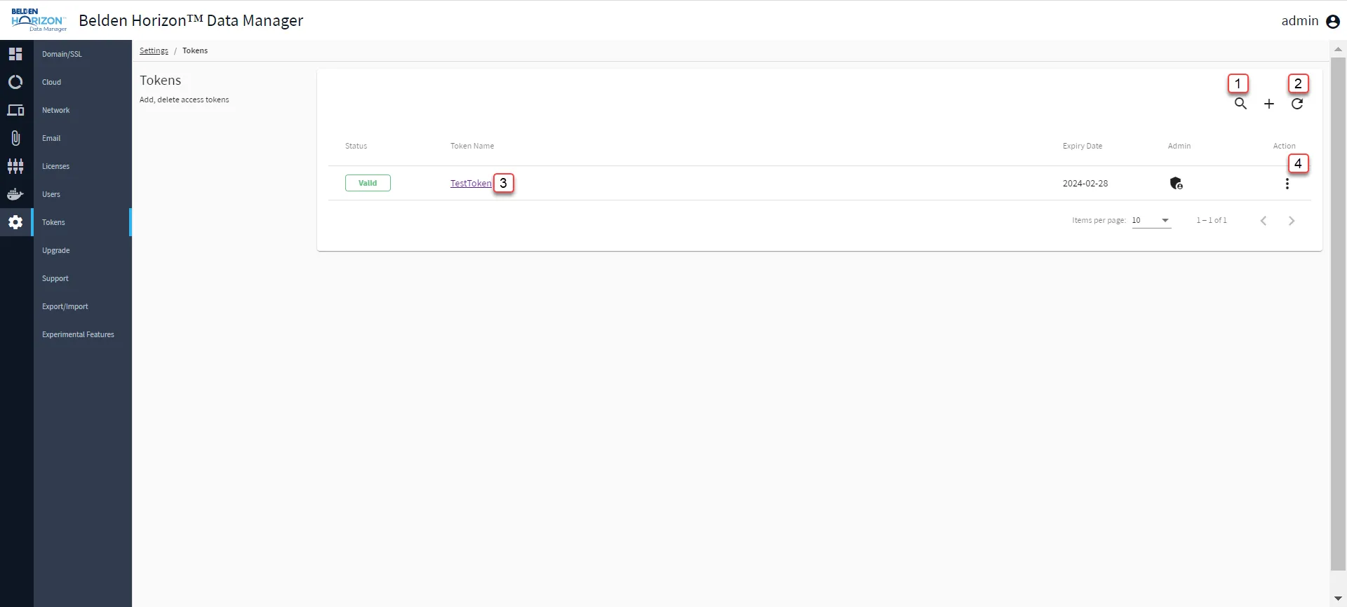 Belden Horizon Data Manager Admin Console: Tokens