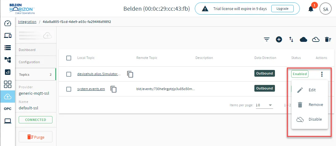 The action menu for a connector topic